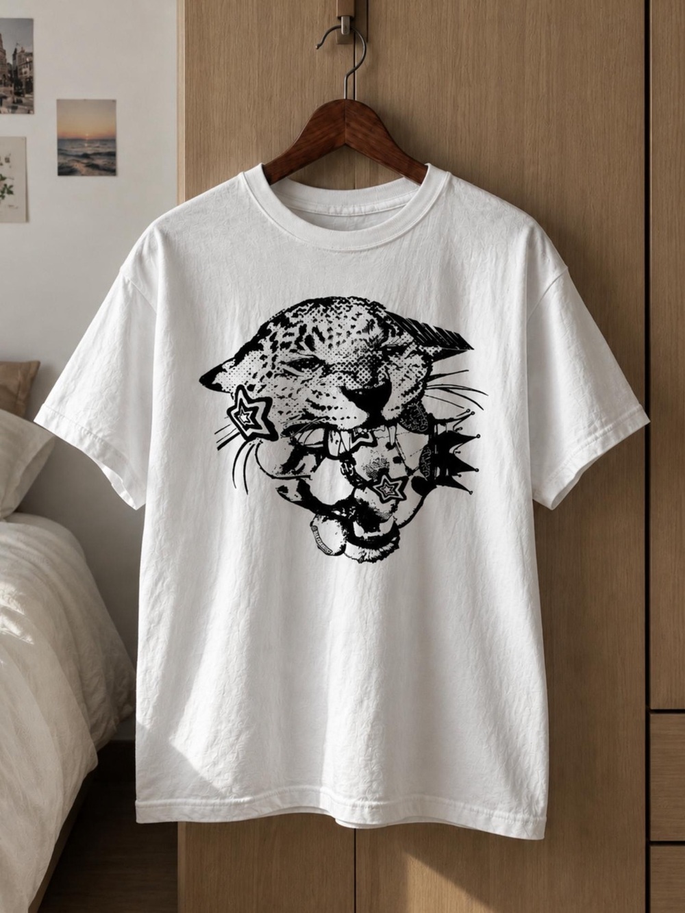White Leopard Graphic T-Shirt, Black Punk Grunge Animal Print Tee